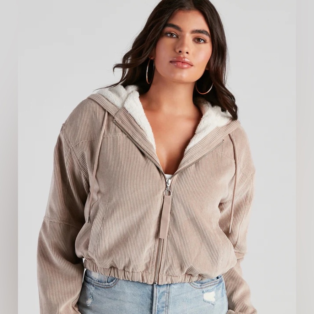 Ashley by 26 International Pink Corduroy Cropped Sherpa Lined Zip Up size Large